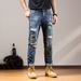 Trendy Patched Ripped Jeans For Men Stretchy Slim Fit Korean Style Fashionable Embroidered Trousers_mkmklike.com
