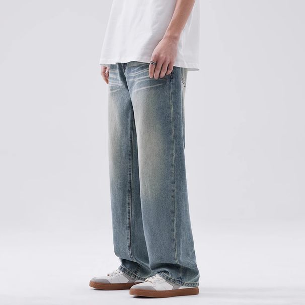 Men's Vintage Washed Jeans – Relaxed Straight Fit (Retro, Mid-Rise, Light Stretch, S-3XL)_mkmklike.com