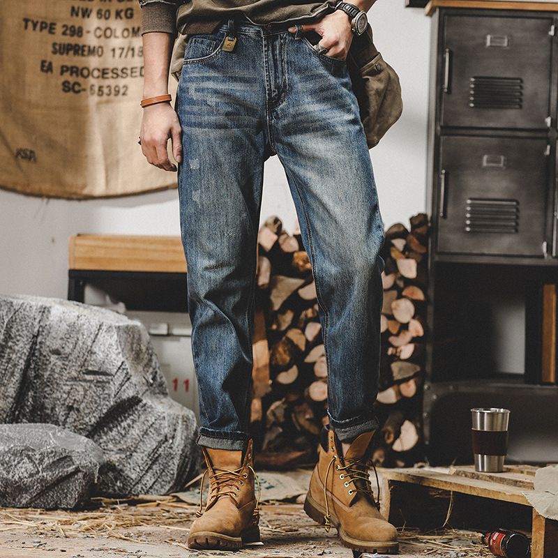 Vintage American Style Men's Jeans - Relaxed Straight Leg Washed Denim Pants For Casual Wear (Blue, Sizes 28-36)_mkmklike.com