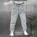 Men's Trendy Versatile Straight Leg Cropped Jeans Summer Denim Stretchy Washed Harem Style Casual Fashionable Dad Mid Waist Blue Black_mkmklike.com