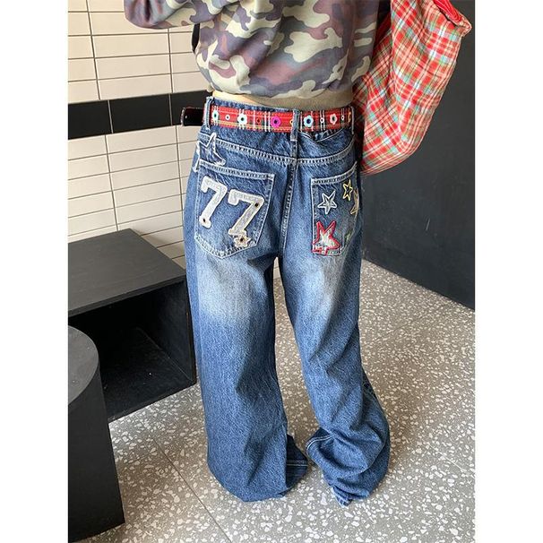 Vintage Star Embroidered Denim Jeans For Men - Relaxed Fit Straight Leg Casual Pants With Patchwork Design_mkmklike.com