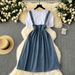 Women's Niche Design, Round Neck, Puff Sleeves, Patchwork Waist, Denim Skirt, Long Skirt_mkmklike.com