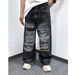 Men's High Street Vintage Washed Distressed Straight Leg Jeans With 3D Print, Loose Fit, Retro Denim Pants For Casual Wear_mkmklike.com