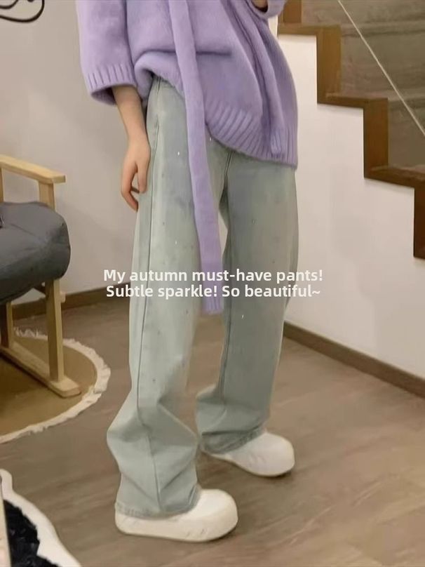 Women's Flared Jeans With Rhinestone Design - High Waist Loose Fit Straight Leg Pants For Autumn_mkmklike.com