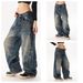 Men's Clothing American Blue Laser-Washed Wide-Leg Jeans – Vintage Distressed Denim (Unisex, Oversized, Straight Cut, No-Stretch, Underground)_mkmklike.com