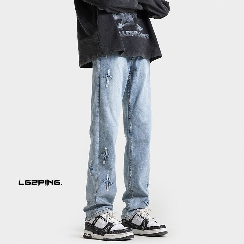 American Retro Vibe Pants, Trendy Straight-leg Distressed Yellow Mud Color Star Jeans For Men, High Street Slim-fit_mkmklike.com