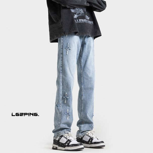 American Retro Vibe Pants, Trendy Straight-leg Distressed Yellow Mud Color Star Jeans For Men, High Street Slim-fit_mkmklike.com
