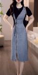 Summer 2025 Round Neck Spliced Dress For Women, Color Blocked Short Sleeved Zipper Waist Cinching Slimming Denim Casual_mkmklike.com