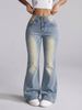 Women's Low Rise Flared Jeans European American Style Retro Washed Studded Pants Denim Casual High Waist Trousers_mkmklike.com