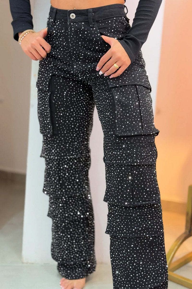 Women's High Waist Wide Leg Pants Rhinestone Embellished Icy Silk Trousers, Flowy Straight-Leg Palazzo Pants With Sheer Shimmer_mkmklike.com