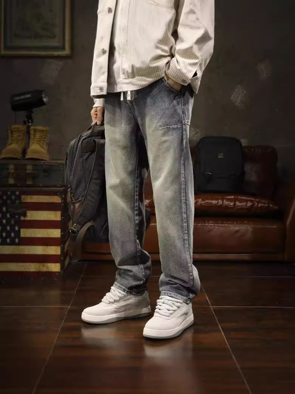 Men's Oversized Straight Leg Jeans - Vintage Washed Denim Pants For Casual Streetwear (S-XXXL, Blue, Non-Stretch Cotton)_mkmklike.com