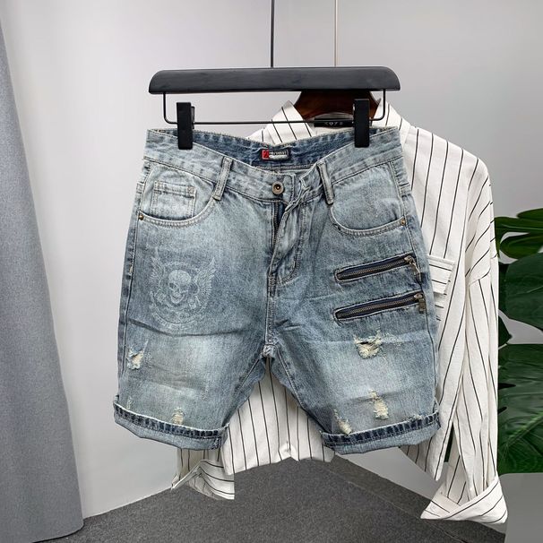 Blue Trendy Zippered Ripped Denim Shorts For Men Versatile Summer Style Young Adults Five Point Pants_mkmklike.com
