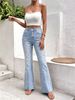 Light Blue Washed Yellow Floral Print Flared Jeans High Waist Stretch Retro Floor Length Women's Denim NY1029_mkmklike.com