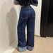 Women's Dark Blue High-Waisted Double Button Wide Leg Jeans Topstitching Rolled up Hem Patchwork Floor-Length Cargo Pants_mkmklike.com