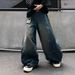 Men's High-Waist Distressed Cat Whiskering Silhouette Jeans Retro American Washed Wide Leg Cotton Pants Machine Washable_mkmklike.com