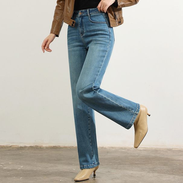 Women's Winter Flocked Stretch Denim Jeans - Cozy Straight-Leg High Waist With Retro Style (Blue, Sizes 26-32)_mkmklike.com