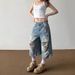 Men’s Clothing Large Size Retro High Street Ripped Denim Cropped Jeans Summer Loose Drape Straight Wide Leg Pants_mkmklike.com