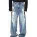 Unisex Korean Style Graffiti Splatter Paint Jeans Straight Leg Loose Fit Wide Leg Trousers Trendy Blue Non-Stretch Long Pants_mkmklike.com