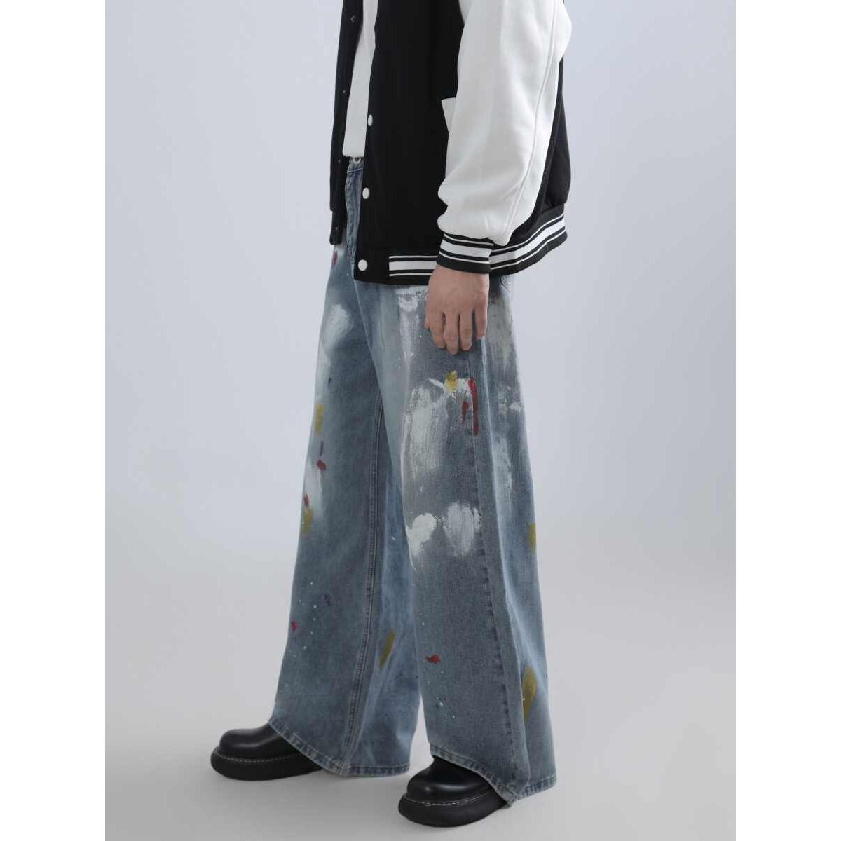 Men's Oversized Distressed Denim Jeans - High Waist Loose Fit Streetwear Pants With Splatter Paint Design_mkmklike.com