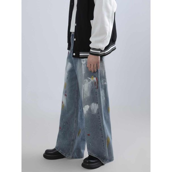 Men's Oversized Distressed Denim Jeans - High Waist Loose Fit Streetwear Pants With Splatter Paint Design_mkmklike.com