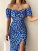 Women's Hip Wrap Split One Line Neck Dress Classic Fragmented Flower Style Spring Dress_mkmklike.com