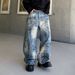 Unisex Distressed Wide-Leg Jeans – Raw Hem Mud-Dyed Denim With Asymmetrical Patchwork, Loose Fit For Streetwear & Grunge Looks (S-3xl)_mkmklike.com