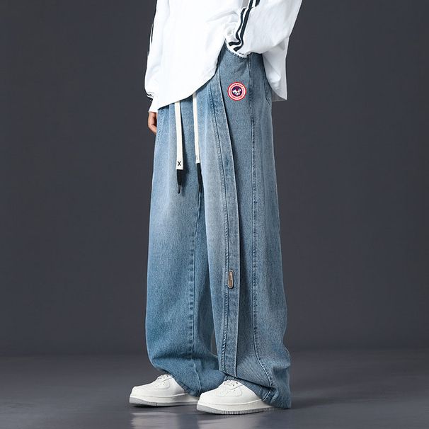 Men's China Map Embroidered Wide-Leg Jeans - Distressed Denim Pants With 3D Embroidery, Streetwear Trousers_mkmklike.com