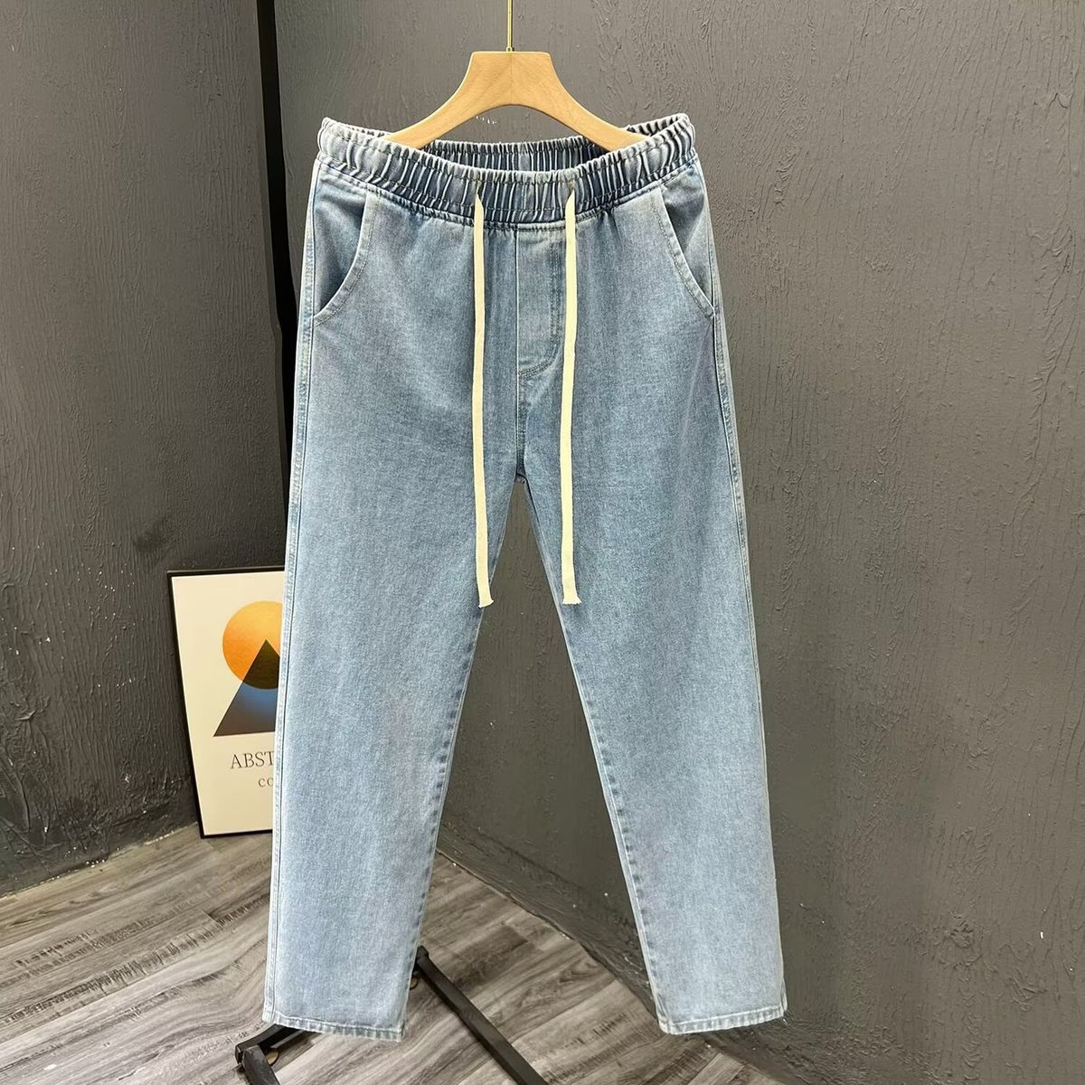 Men's Stretch Elastic Waistband Straight Leg Jeans - Comfortable Cotton Casual Trousers With Drawstring, Lightweight & Breathable For Spring & Summer_mkmklike.com