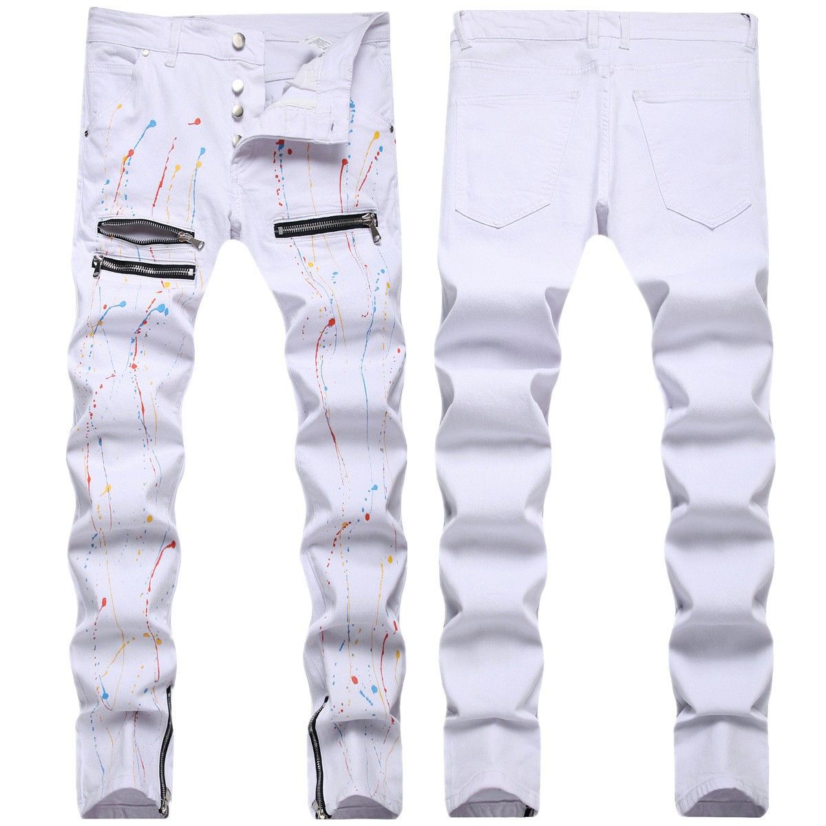 In Stock White Zipper Decor Slim Fit Men's Casual Daily Simple Versatile Stretch Denim Pants_mkmklike.com
