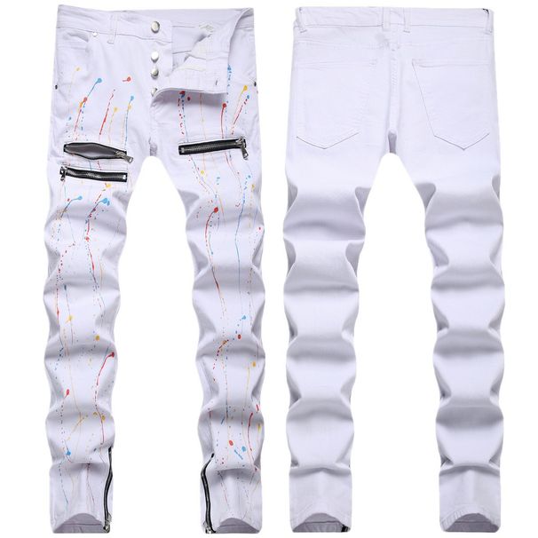 In Stock White Zipper Decor Slim Fit Men's Casual Daily Simple Versatile Stretch Denim Pants_mkmklike.com