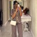 Women's European And American Style Strapped Design Color-Block Short Sleeve Shirt And Wide Leg Pants Two-Piece Casual Versatile Set_mkmklike.com