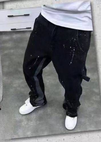 Men's Clothing High Street Trendy Splashed Ink Micro Flared Jeans Retro Vibe Style Loose Straight Casual Mopping Trousers_mkmklike.com