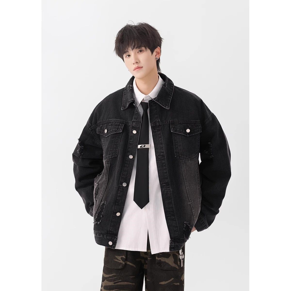 Northfold Distressed Fraed Edge Denim Jacket For Men, Spring And Autumn, American Vintage Stle, Washed High Street Jacket,_mkmklike.com