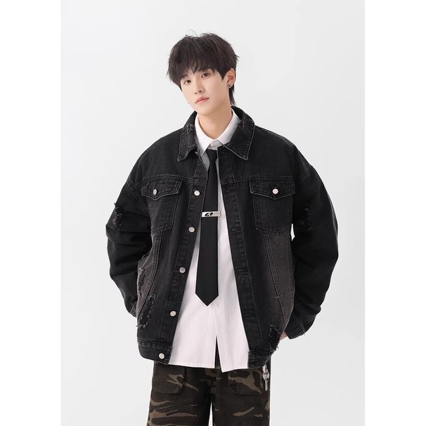 Northfold Distressed Fraed Edge Denim Jacket For Men, Spring And Autumn, American Vintage Stle, Washed High Street Jacket,_mkmklike.com