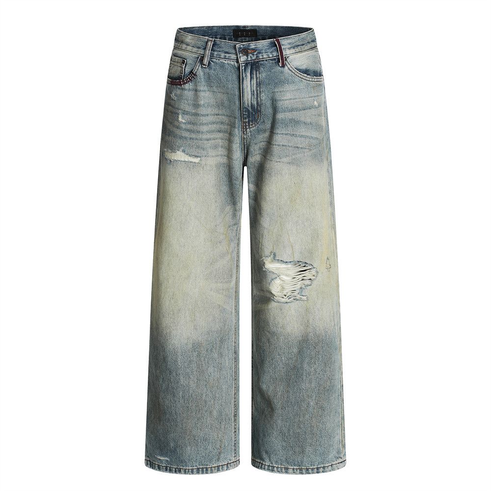 Post-apocalyptic Style Washed Gradient Ripped Jeans Men's Street Fashion Vintage Dirty Wide-leg Straight Long Pants_mkmklike.com