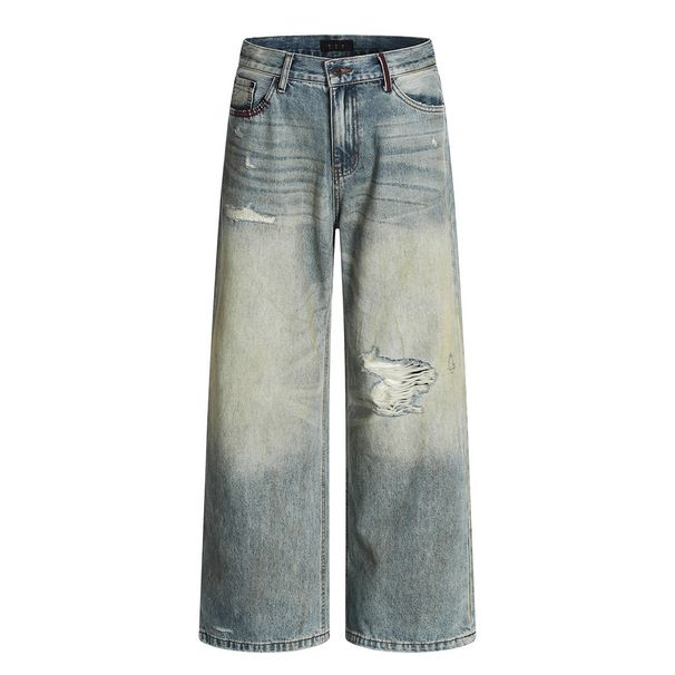 Post-apocalyptic Style Washed Gradient Ripped Jeans Men's Street Fashion Vintage Dirty Wide-leg Straight Long Pants_mkmklike.com