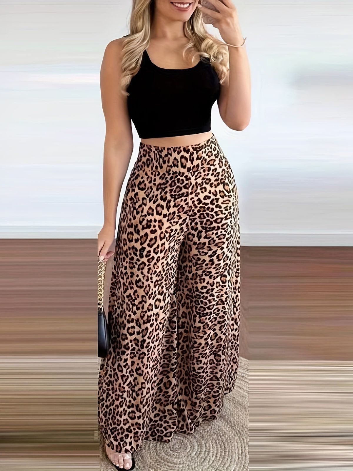 Women's Clothing Elegant print belted tank top leopard print high-waisted wide-leg pant suit_mkmklike.com