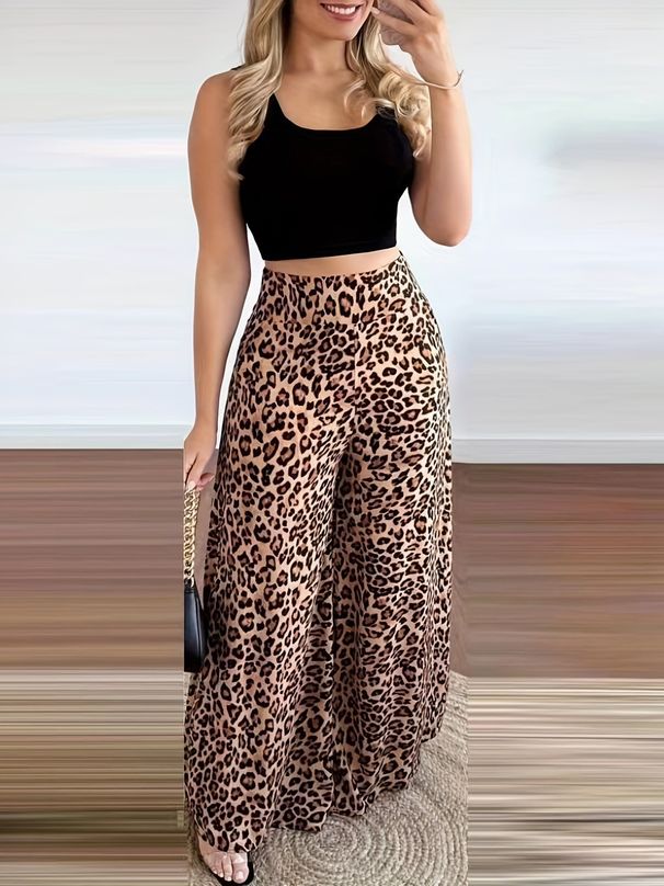 Women's Clothing Elegant print belted tank top leopard print high-waisted wide-leg pant suit_mkmklike.com
