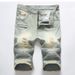 2018 New Trend Locomotive Pleated Ripped Denim Shorts Men's Pocket Zipper Straight Five-point Pants Medium Pants_mkmklike.com
