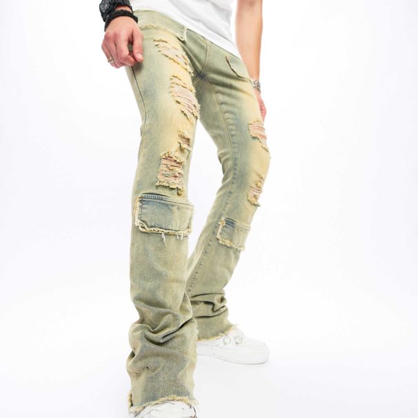 Men's Clothing New Retro Distressed Washed Jeans Men's Ripped Raw Edge Slim Fit Stretch Flared Pants_mkmklike.com