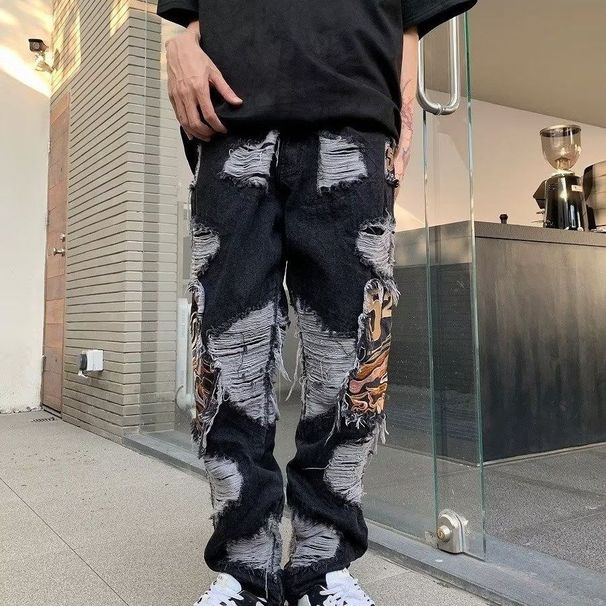American Ins Washed Men's And Women's Loose Design Jeans, Ripped High Street Pants,_mkmklike.com