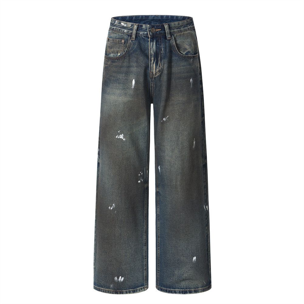 Post-apocalyptic Dirty Jeans Niche Street Trend Punk Paint Spray Dyeing Distressed Casual Straight Long Pants For Men_mkmklike.com