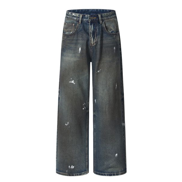 Post-apocalyptic Dirty Jeans Niche Street Trend Punk Paint Spray Dyeing Distressed Casual Straight Long Pants For Men_mkmklike.com