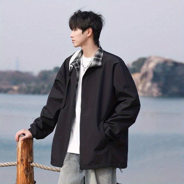 Vintage Plaid Patchwork Jacket For Men, Spring And Autumn Retro Design, Hoodless Top, American Style Turn-down Collar_mkmklike.com