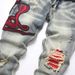 Men's Sanke Embroidery Stretch Denim Jeans Streetwear Red Leather Patch Slim Tapered Pants With Holes And Rips Trousers_mkmklike.com