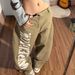 Women's Retro Khaki Jeans Loose Fit Slimming Wide Leg Trousers Full Length Casual Fashion Letter Print Denim_mkmklike.com