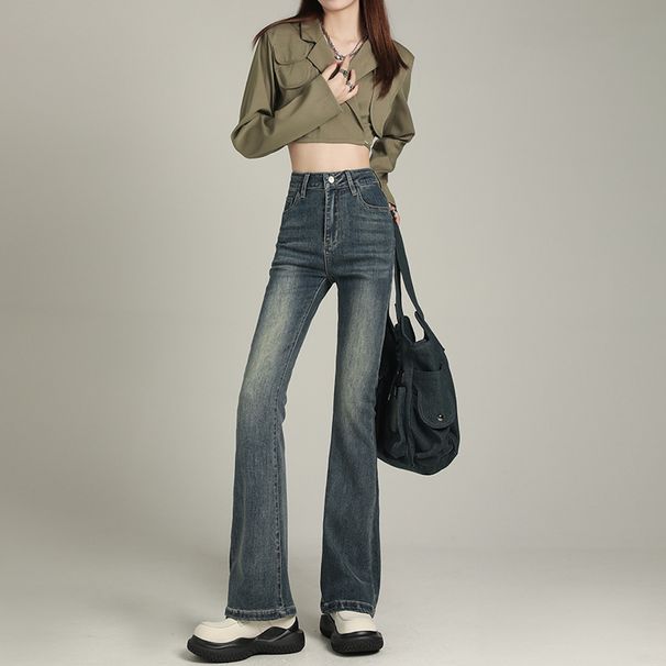 ELLE Orange Silk#High Street Retro High Waist Flared Jeans For Women Spring Summer Ins Style Stretch Slim Fit Slimming Wide_mkmklike.com