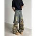 Men's Clothing Unisex High-Street Camo Cargo Pants With Contrast Panels & Multi-Pockets - Straight Leg Denim Jeans For Men & Women_mkmklike.com