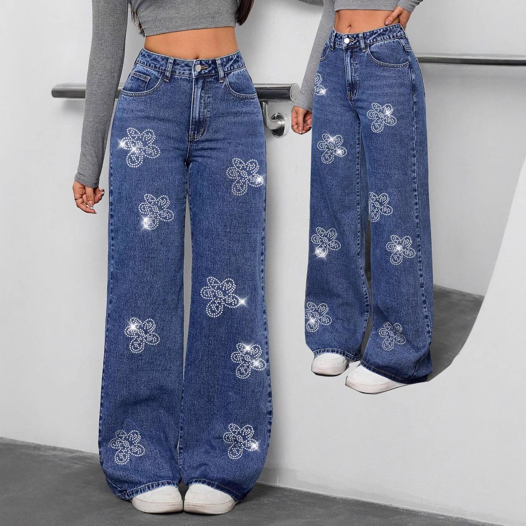Women's Clothing High Street Rhinestone Embellished Wide-Leg Washed Denim Jeans – Pure Cotton Comfort, Relaxed Fit, Street Chic Style ( XS/S/M/L/XL)_mkmklike.com