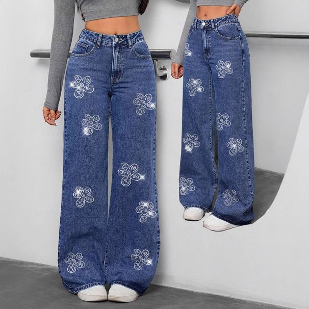 Women's Clothing High Street Rhinestone Embellished Wide-Leg Washed Denim Jeans – Pure Cotton Comfort, Relaxed Fit, Street Chic Style ( XS/S/M/L/XL)_mkmklike.com